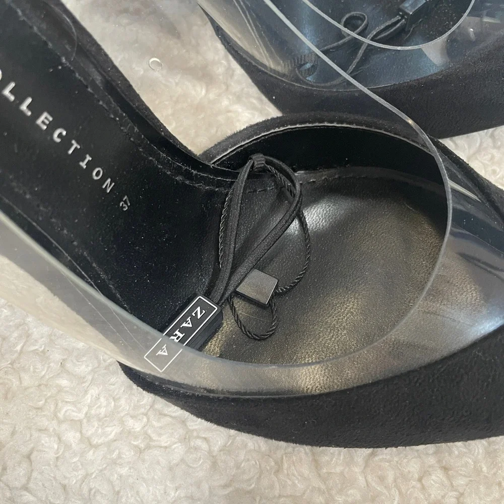 Zara Black Clear PVC Vinyl Pointed Toe Stiletto Pumps Faux Suede Glam Vamp 37